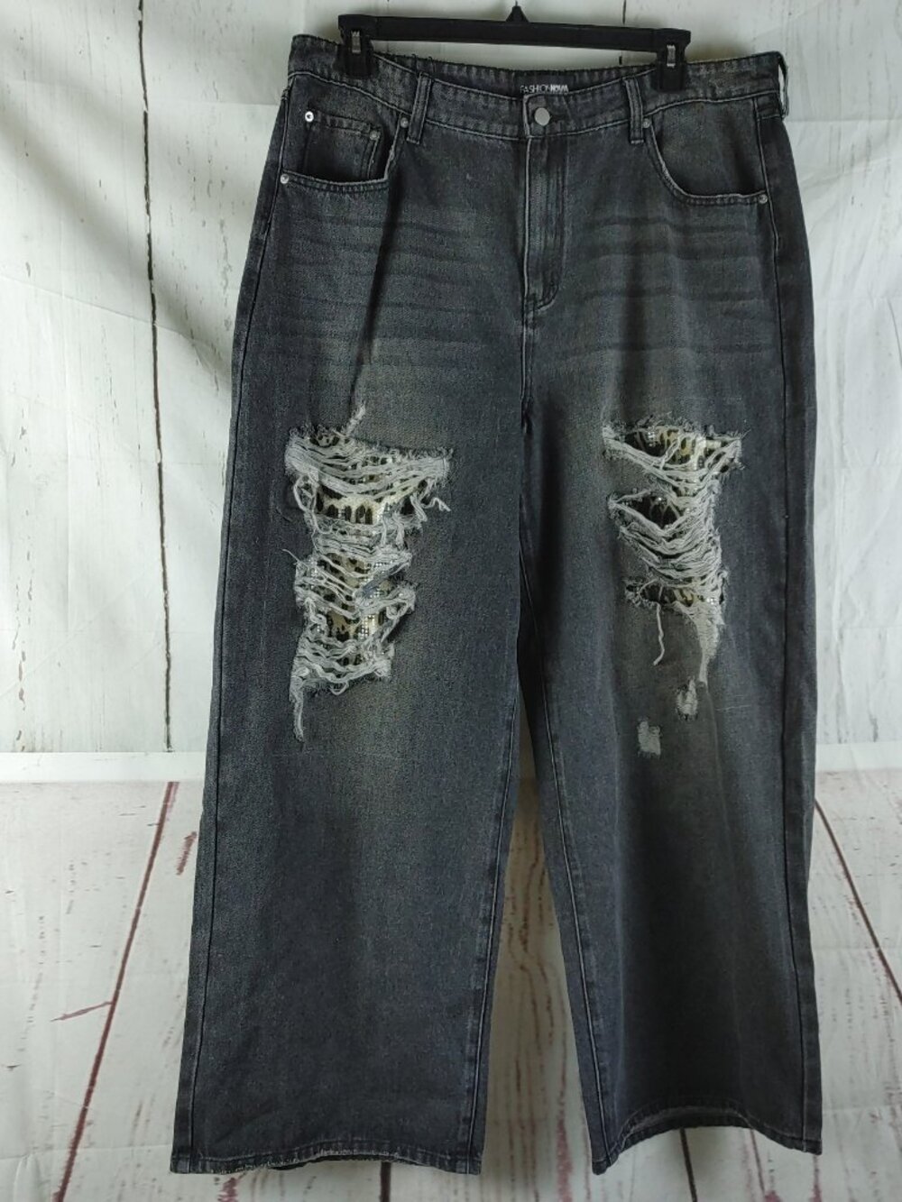 Fashion Nova Women Plus Size 16 Wide Leg Leopard Distressed Gray Jean 38x30 NWT